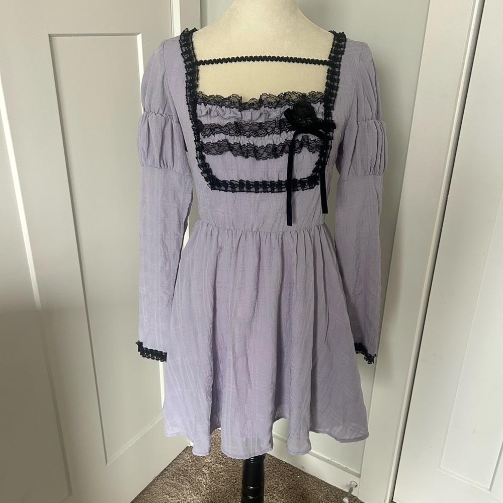 Dark in Love Lavender Lace-Trim Long Sleeve Mini Dress
